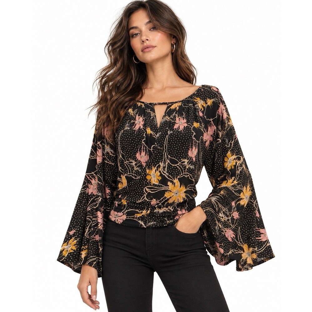 Free People Birds of Paradise Black Floral Bell Sleeve Top Size XS
